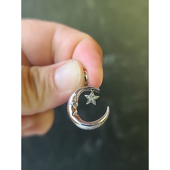 925 Sterling Silver Diamond Accents Moon And Stars Pendant Vintage - Picture 3 of 10